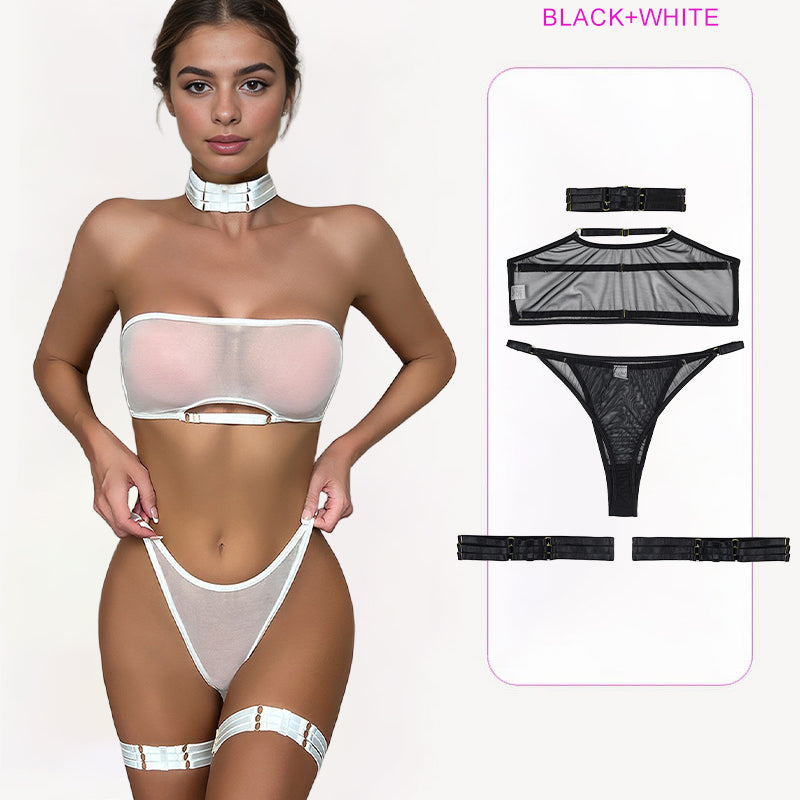 White and black sheer mesh lingerie set with bra, thong, garter belt, and choker. Sexy lingerie.