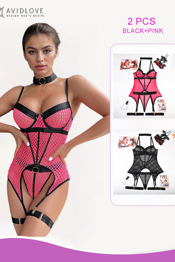 Avidlove 2 PCS Black and Pink Fishnet Corset Lingerie Set, adjustable straps, and delicate details.