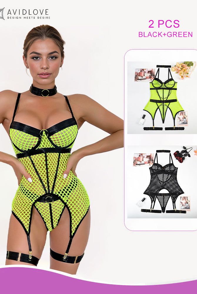 Neon green fishnet bustier lingerie with black accents, 2-piece set, showcasing curves.