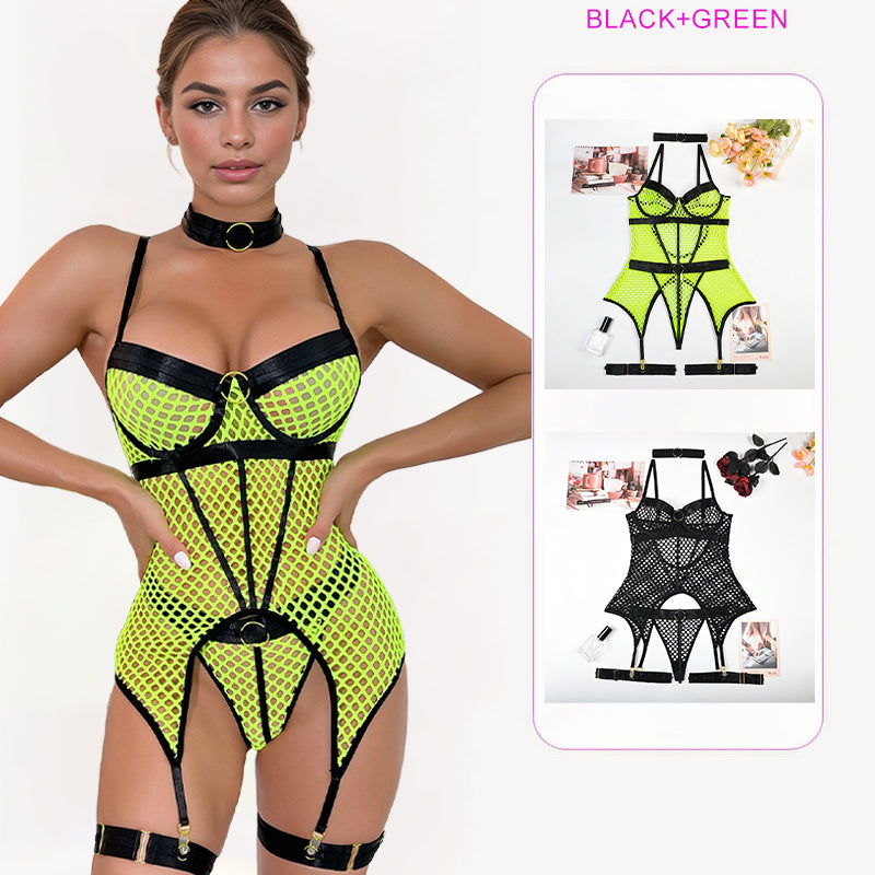 Neon green fishnet bustier lingerie with black accents, 2-piece set, showcasing curves.