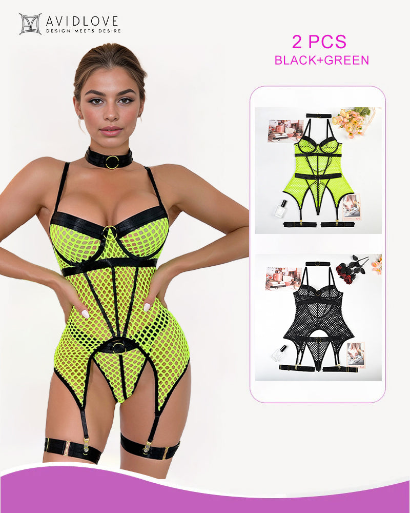 Neon green fishnet bustier lingerie with black accents, 2-piece set, showcasing curves.
