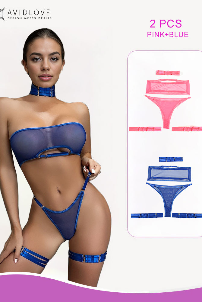 Sheer mesh lingerie set in blue, with choker and garter belt. Includes pink set. Sexy lingerie.