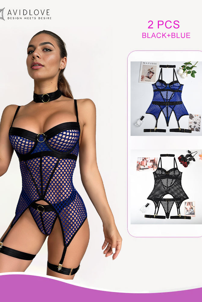 Blue fishnet corset bustier lingerie, black accents, 2 PCS BLACK+BLUE, showing confidence and curves