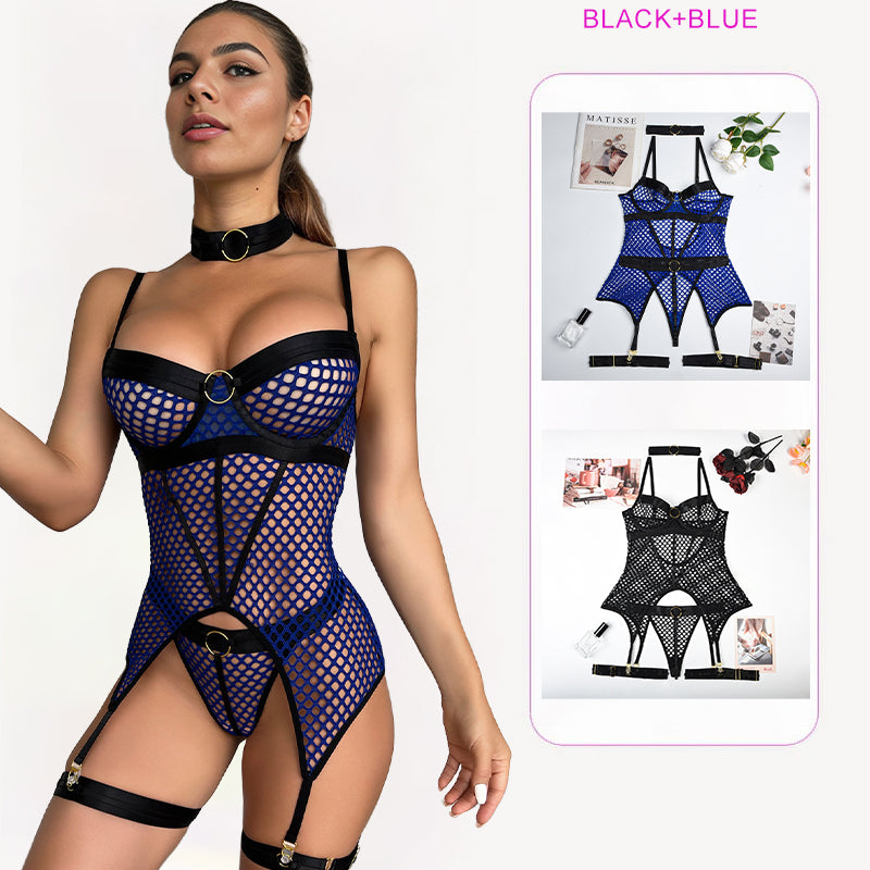 Blue fishnet corset bustier lingerie, black accents, 2 PCS BLACK+BLUE, showing confidence and curves