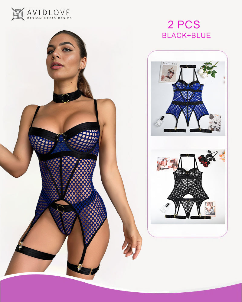 Blue fishnet corset bustier lingerie, black accents, 2 PCS BLACK+BLUE, showing confidence and curves