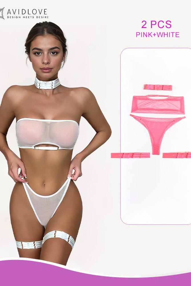 White sheer mesh lingerie set with choker and garter belt, plus pink set. Sexy lingerie, Avidlove.