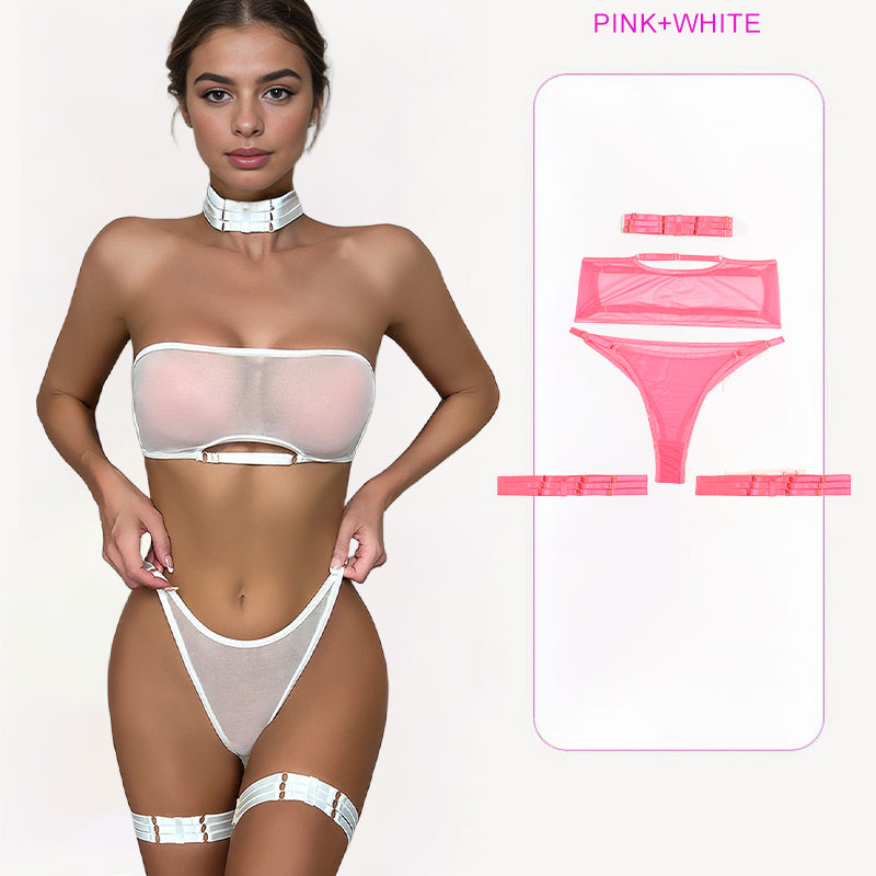White sheer mesh lingerie set with choker and garter belt, plus pink set. Sexy lingerie, Avidlove.