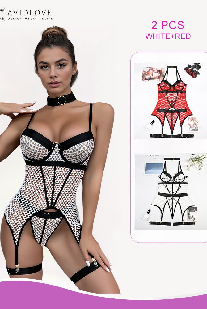 Fishnet corset lingerie set with black accents, adjustable straps, garter details. 2 PCS WHITE+RED