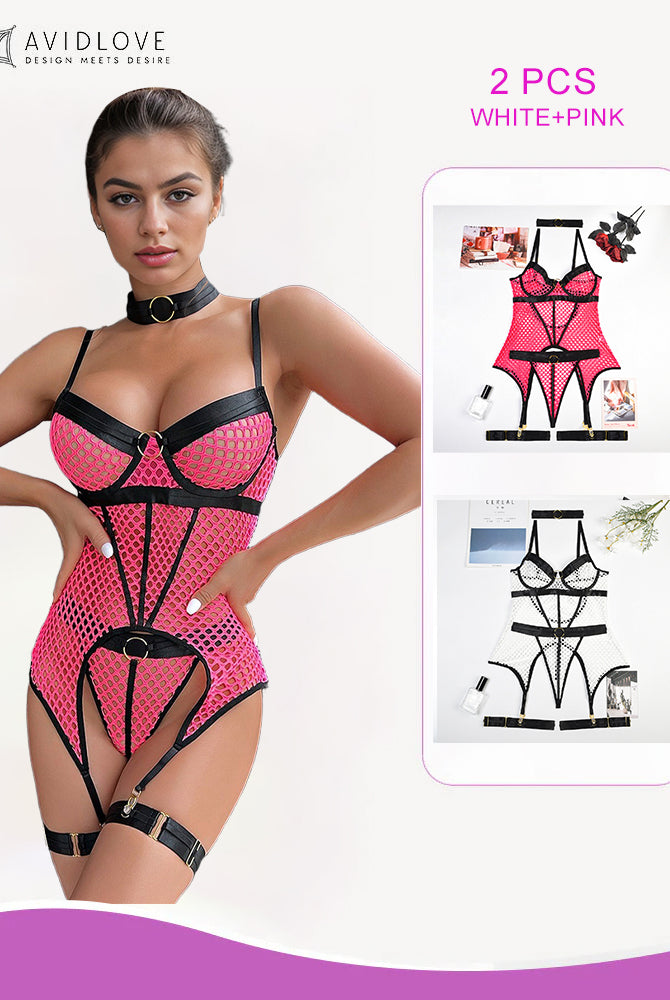Avidlove 2 PCS White and Pink Fishnet Corset Lingerie Set, adjustable straps, and delicate details.