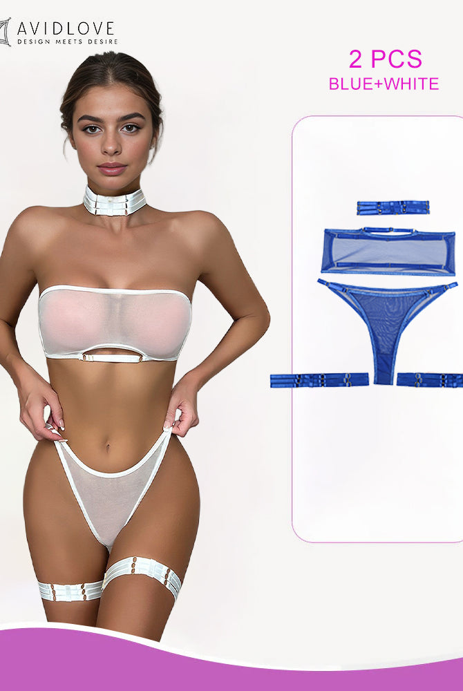 White mesh lingerie set with strapless bra, thong, garter belt, choker. Plus blue set.
