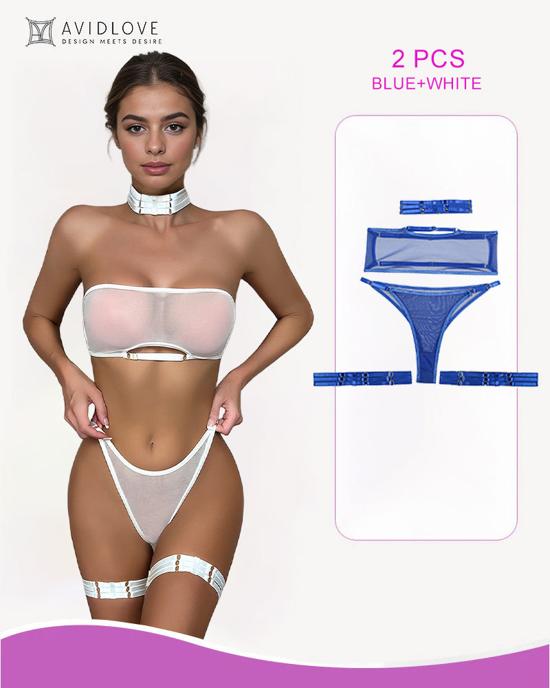White mesh lingerie set with strapless bra, thong, garter belt, choker. Plus blue set.