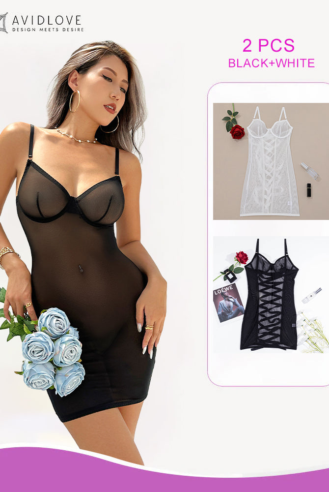 Black sheer mini dress with adjustable straps, and a 2-piece lace-up mini dress set.