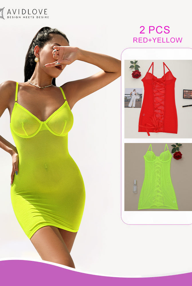 Avidlove neon yellow and red lace-up mini dress set. Elegant and sensual lingerie.