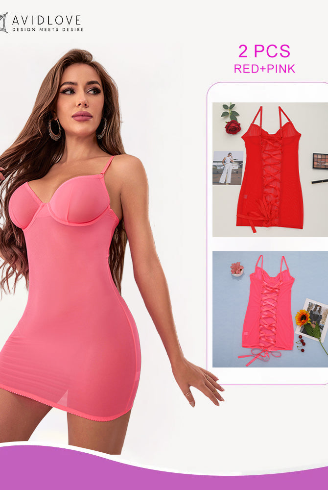Avidlove pink mini dress with adjustable straps, plus red and pink lace-up set. Sensual lingerie.