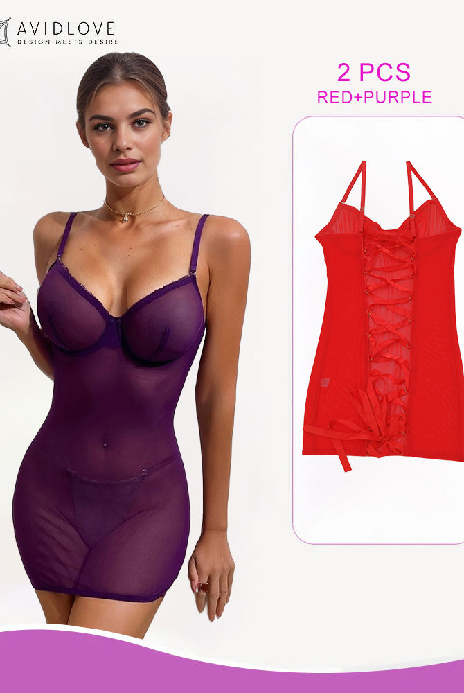 Avidlove purple mini dress with adjustable straps, and a red/purple lace-up set. Sensual lingerie.