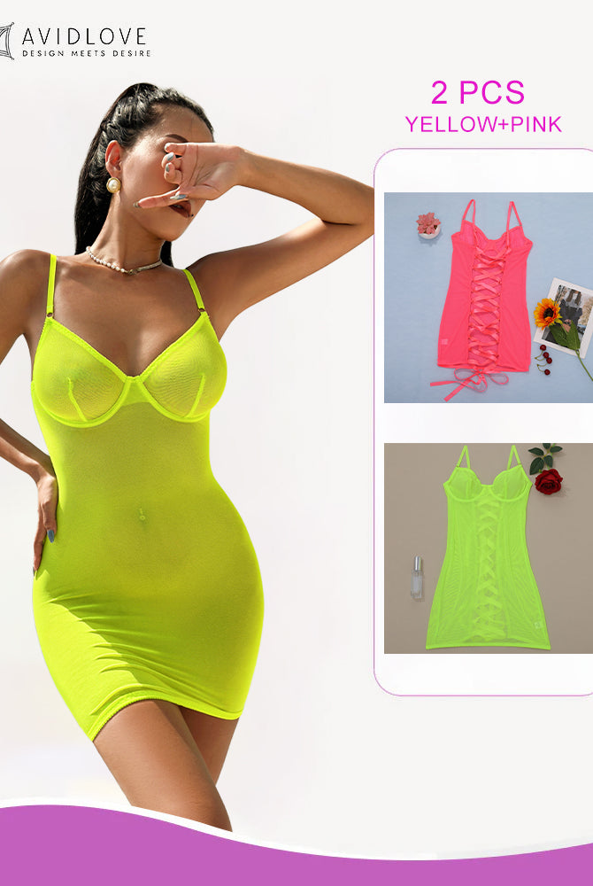 Neon yellow mini dress with adjustable straps and mesh detail, with lace-up set. Elegant lingerie.