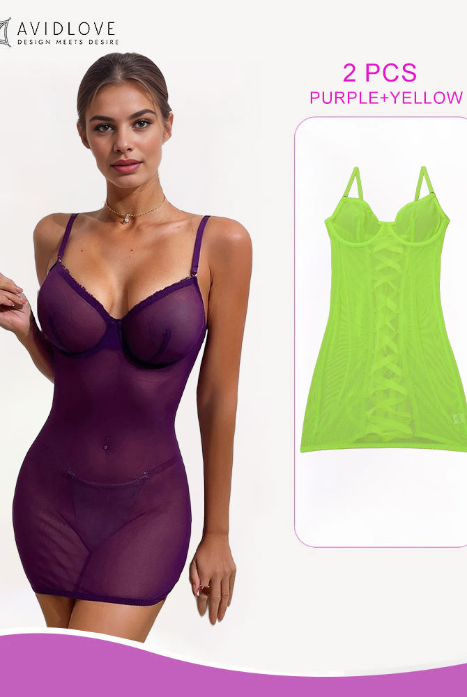 Purple mini dress with adjustable straps, and neon yellow lace-up set. Avidlove sensual lingerie.