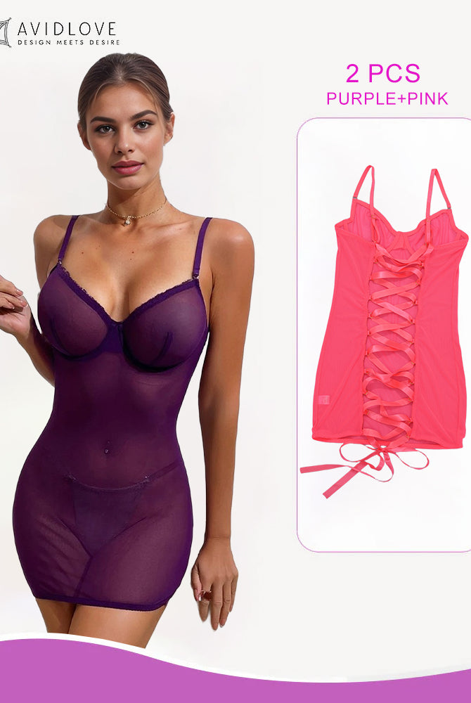 Avidlove purple and pink lace-up mini dress set. Sensual lingerie with adjustable straps.