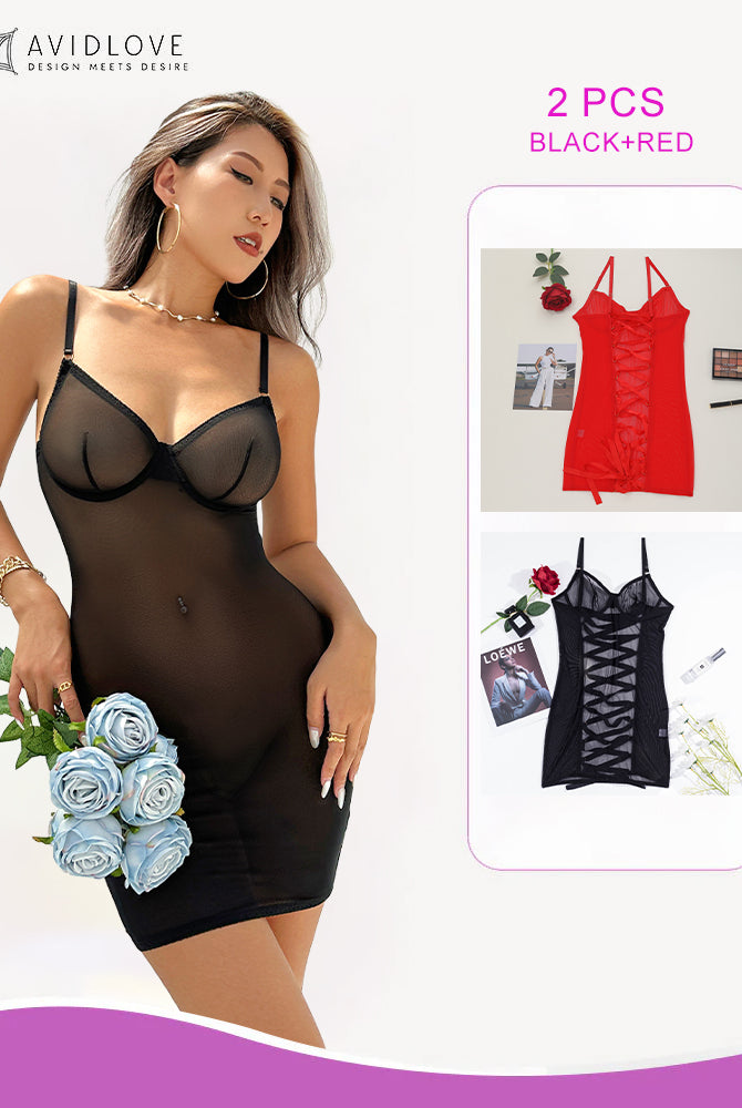 Black mini dress with adjustable straps and mesh, plus black and red lace-up set. Avidlove lingerie.