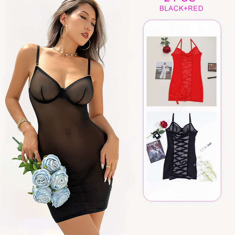Black mini dress with adjustable straps and mesh, plus black and red lace-up set. Avidlove lingerie.