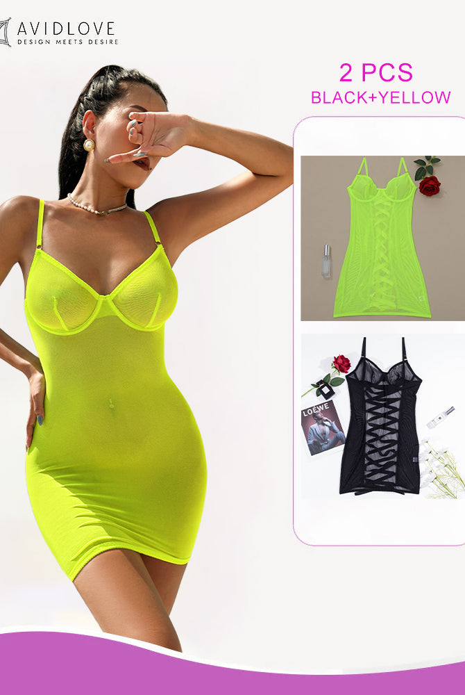 Avidlove neon yellow mini dress and black/yellow lace-up set. Sensual lingerie.