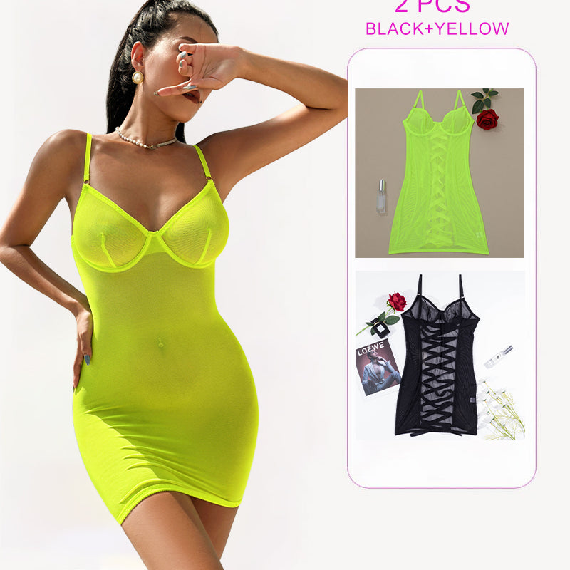 Avidlove neon yellow mini dress and black/yellow lace-up set. Sensual lingerie.