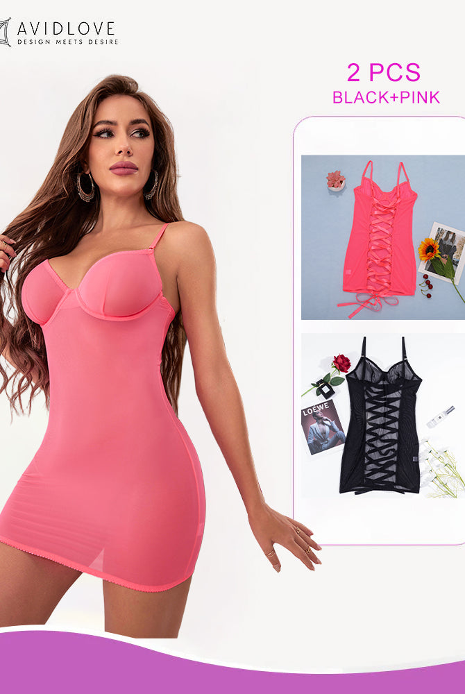 Avidlove pink mini dress and black/pink lace-up set. Sensual lingerie.
