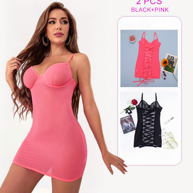 Avidlove pink mini dress and black/pink lace-up set. Sensual lingerie.