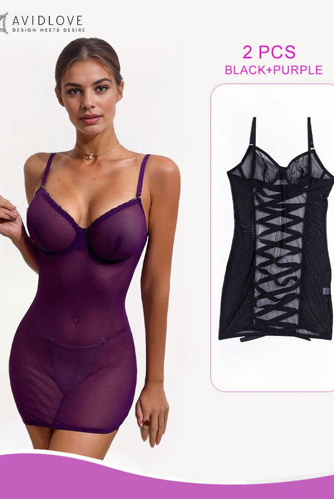Avidlove purple mini dress with adjustable straps, and a black/purple lace-up set. Sensual lingerie.