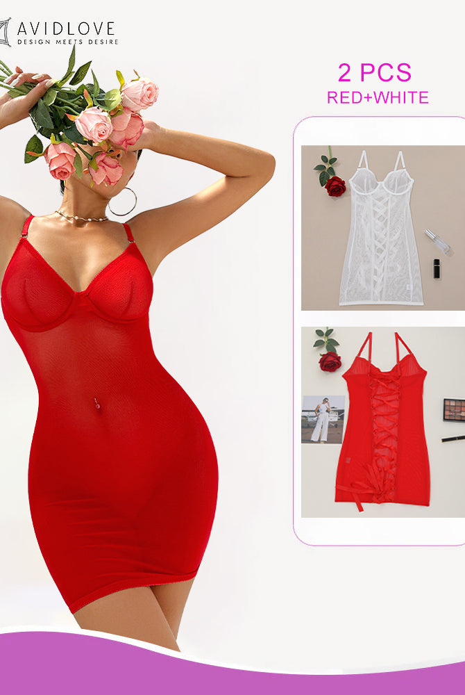 Avidlove red mini dress with adjustable straps, and red/white lace-up set. Sensual lingerie.