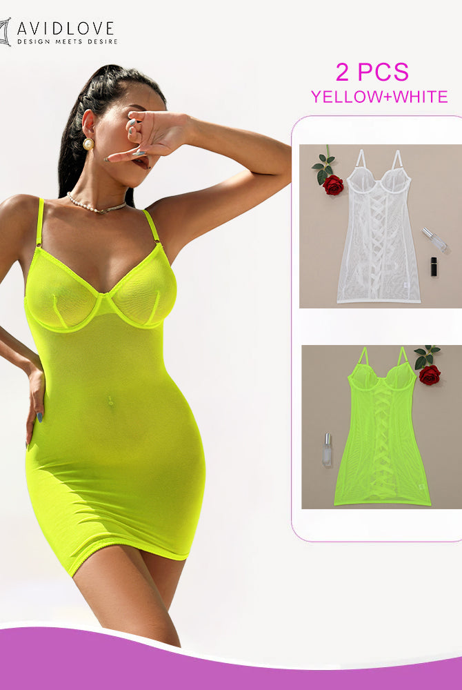 Avidlove neon yellow mini dress and yellow/white lace-up mini dress set. Sensual lingerie.