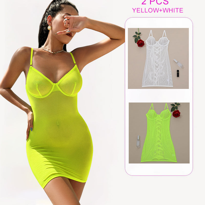 Avidlove neon yellow mini dress and yellow/white lace-up mini dress set. Sensual lingerie.
