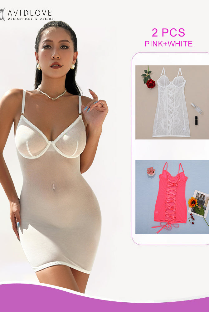Avidlove white mini dress with adjustable straps, and pink/white lace-up set. Sensual lingerie.