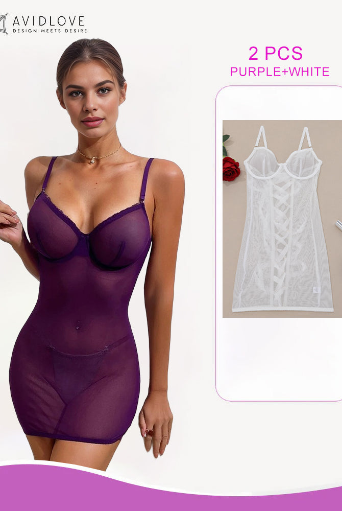 Purple sheer mini dress and white lace-up lingerie set from Avidlove, elegant and stunning
