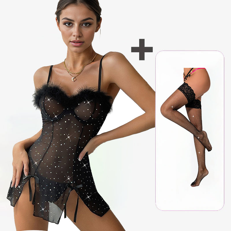 Diamond See-Through Elastic Slit Dress Set