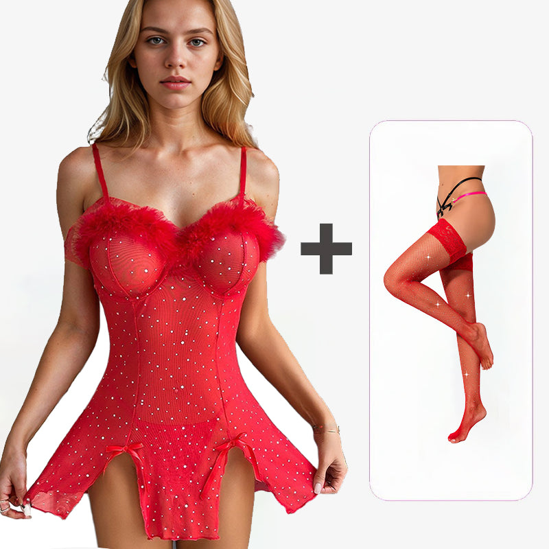 Diamond See-Through Elastic Slit Dress Set