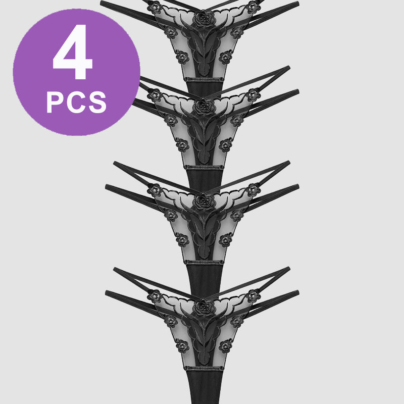 Rose Embroidery Thong Mesh Panties