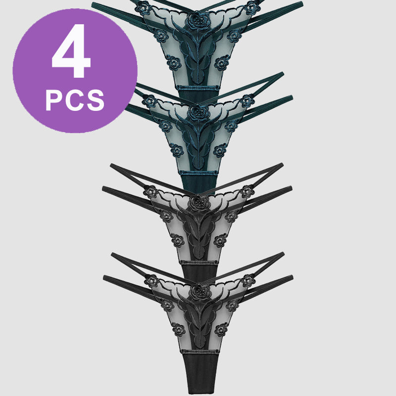 Rose Embroidery Thong Mesh Panties