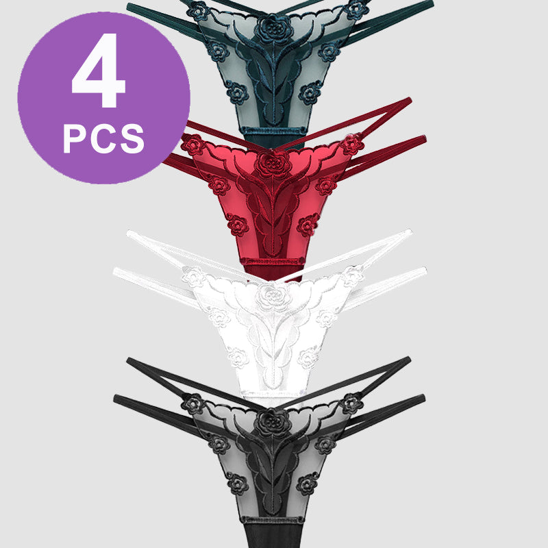 Rose Embroidery Thong Mesh Panties