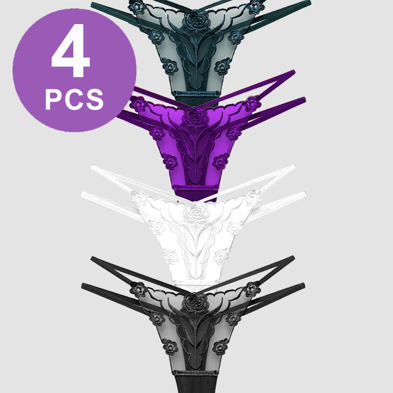 Rose Embroidery Thong Mesh Panties