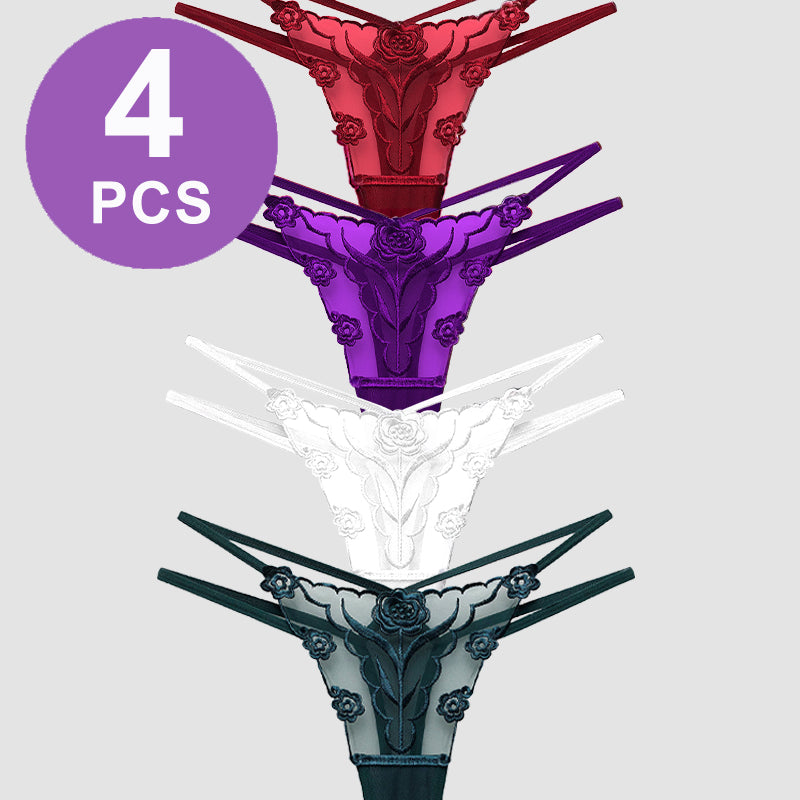 Rose Embroidery Thong Mesh Panties