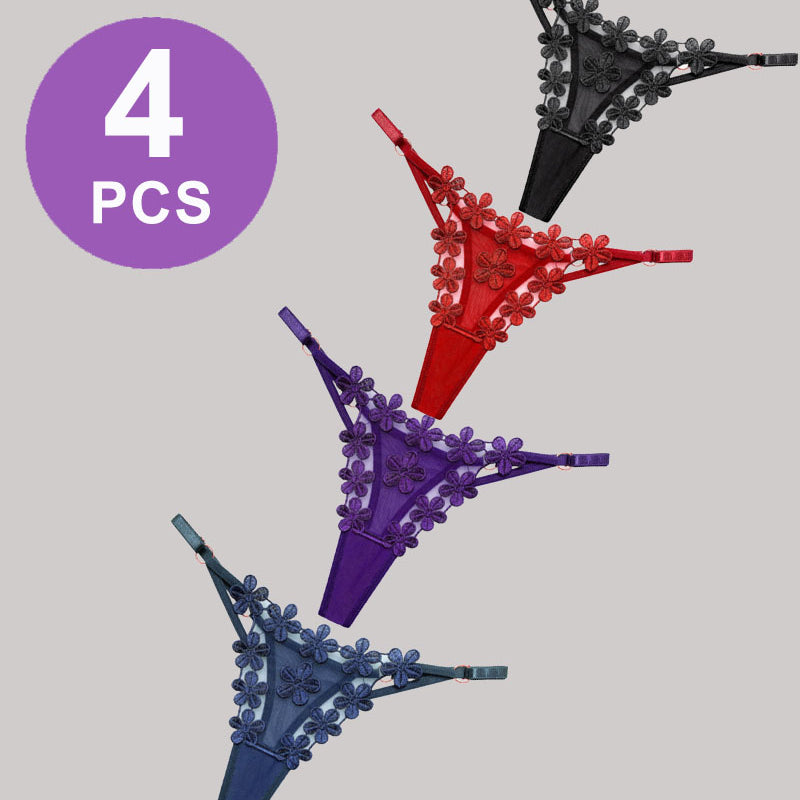 Flower Embroidery Mesh Lace Panties Set