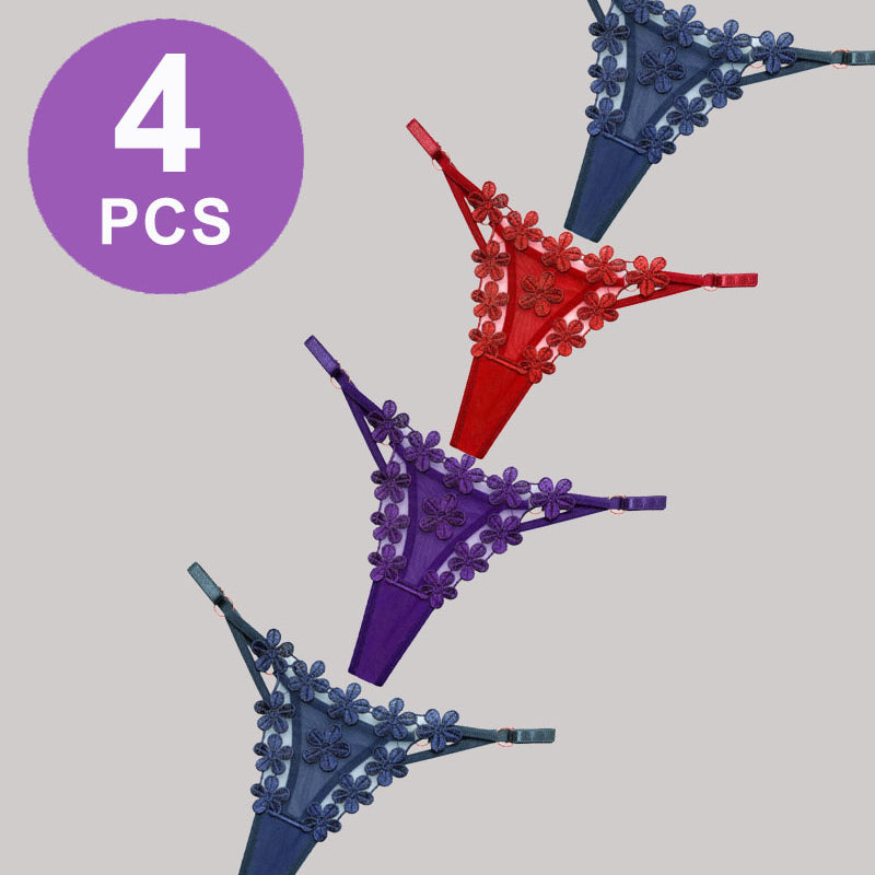 Flower Embroidery Mesh Lace Panties Set