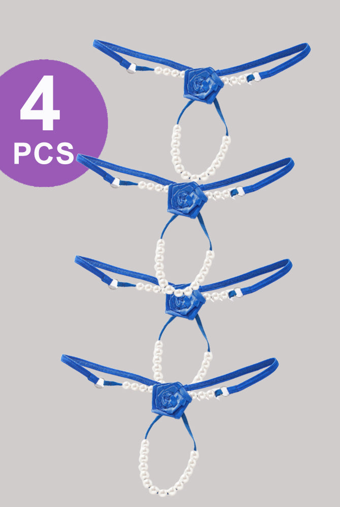 Pearl Rose Thong Panty Set, 4 PCS, featuring blue rose and pearl details. Low waist, sexy lingerie.
