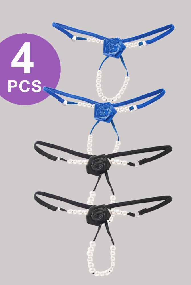 Pearl Rose Thong Panty Set, 4 PCS, blue and black rose details, pearl accents, low waist lingerie.
