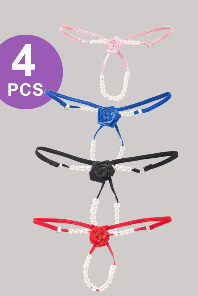 Pearl Rose Thong Panty Set, 4 PCS, featuring rose and pearl details in various colors.