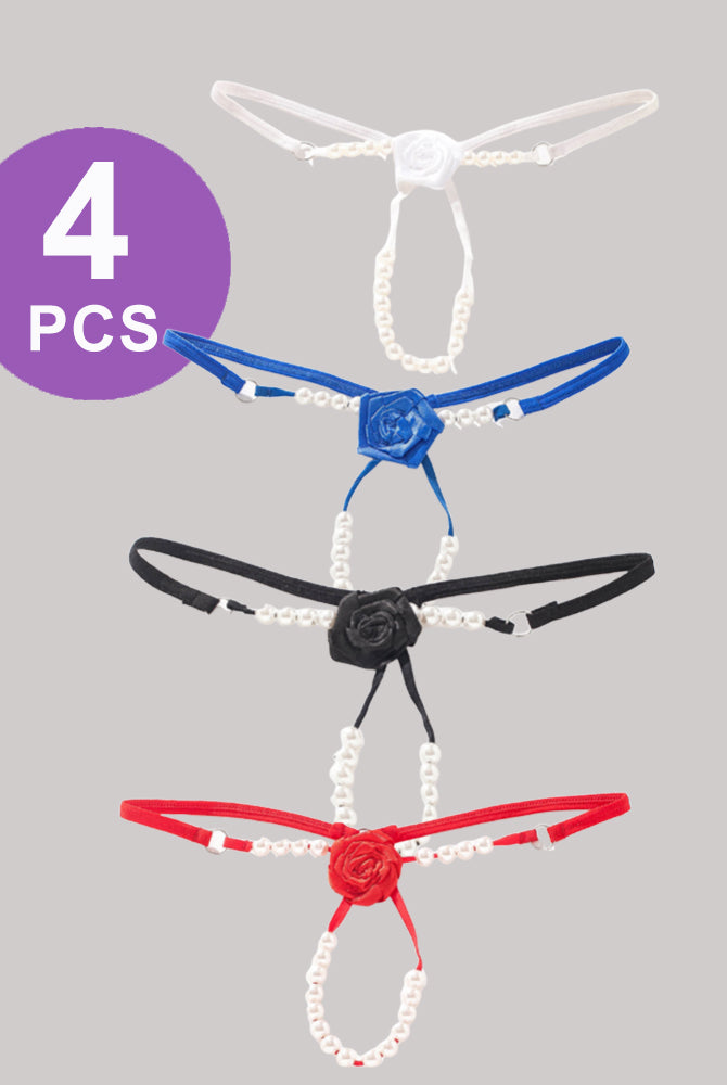 Pearl Rose Thong Panty Set, 4 PCS, rose and pearl details in various colors. Low waist lingerie.