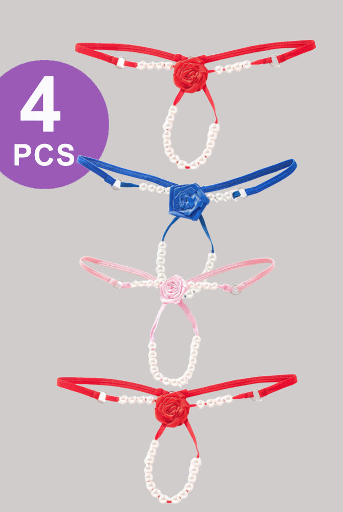 Pearl Rose Thong Panty Set, 4 PCS, with rose and pearl details. Low waist, sexy lingerie.