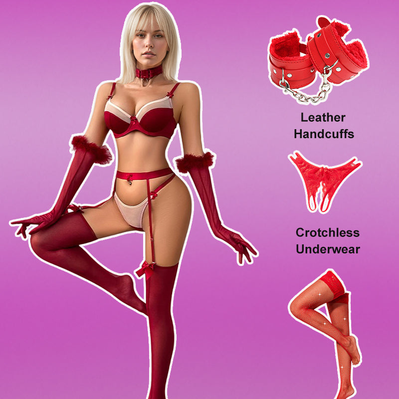 Bow Bra and Panty Set+Gloves+Stockings