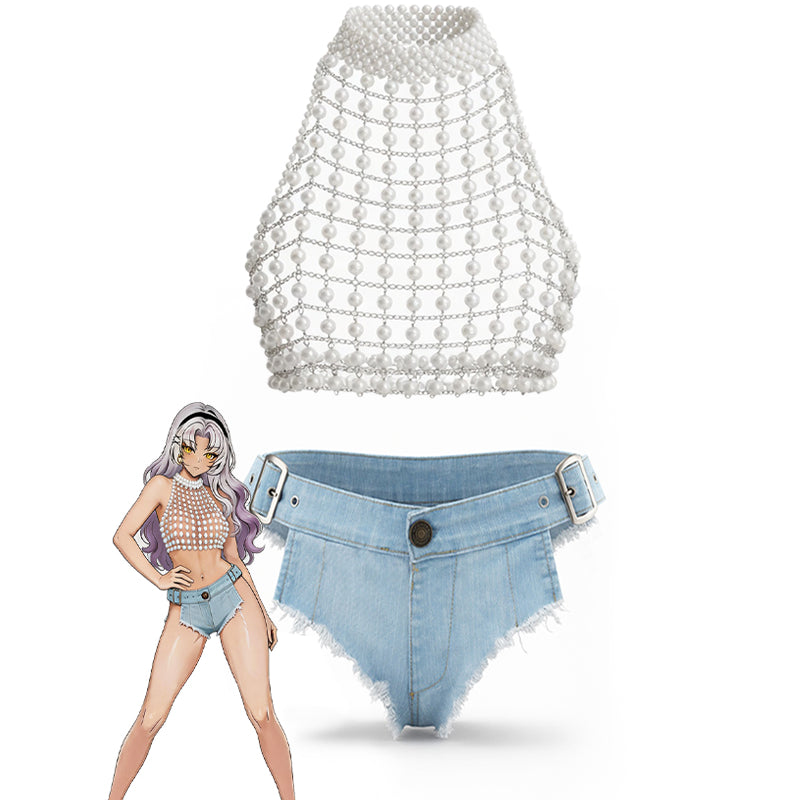 Pearl Chain Halter Crop Top & High Waisted Denim Shorts